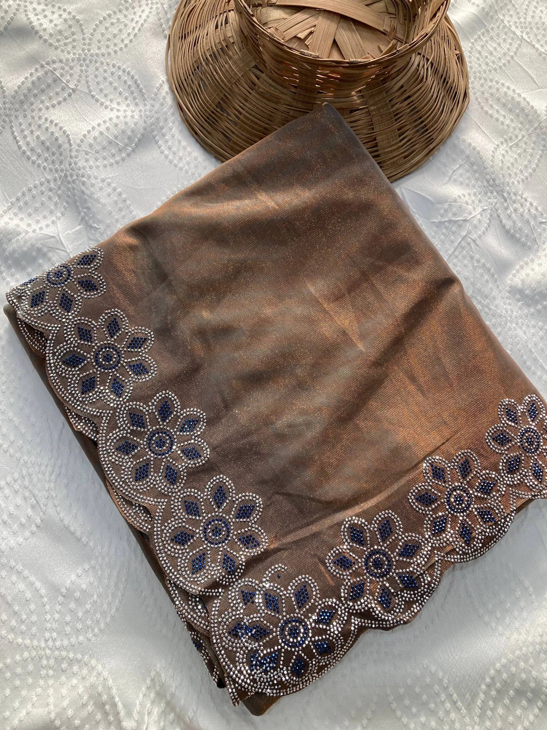 Brown Swarovski Work Fendy Soft Net Saree - kalyanja